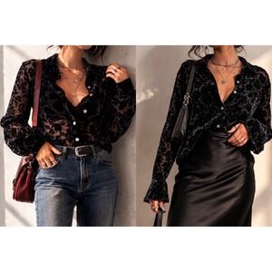 VINTAGE Notations Black Velvet Burnout Button Down Top Large Sheer Goth Romantic